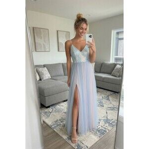 Windsor Blue Tulle Prom Dress Size L Sequin Bodice Formal Gown Slit Maxi